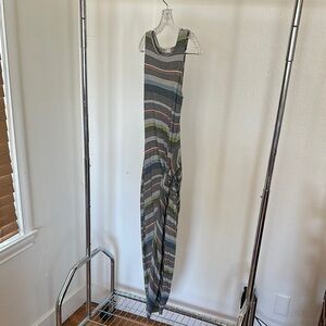 Bailey 44 Asymmetrical Striped Dress in Gray, Green, and Pink
